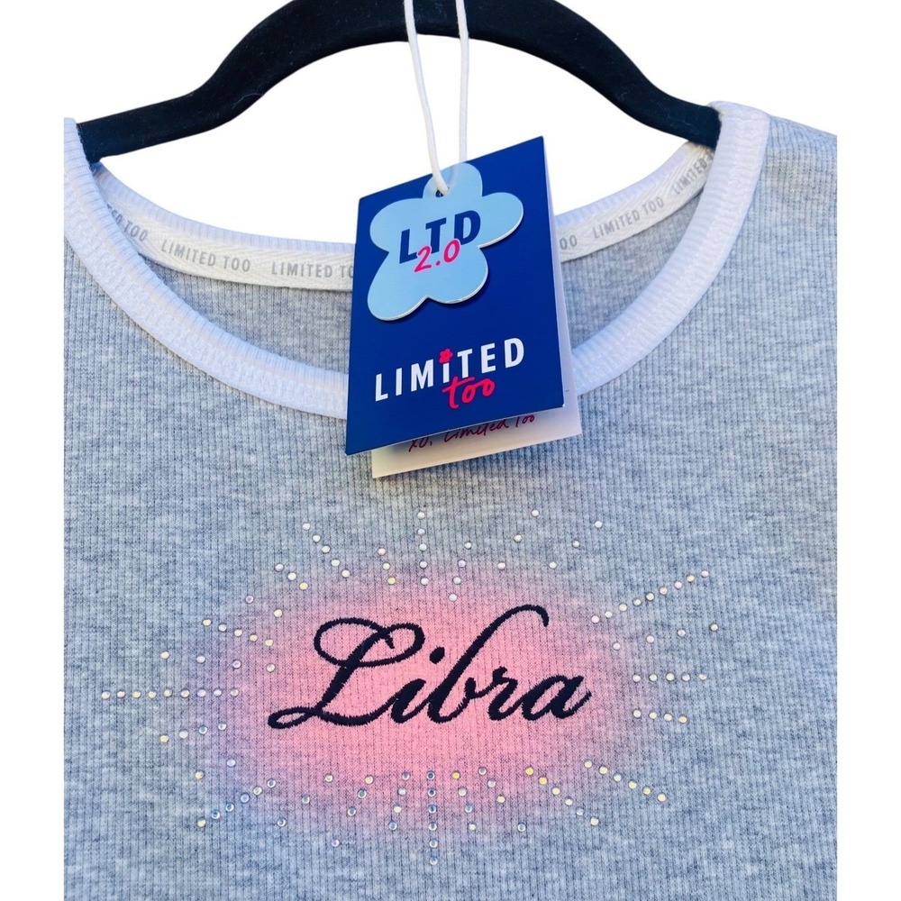 Limited Too Girls Libra Ringer Tee Size L Blue Ribbed Rhinestone Y2K Baby Tee - Picture 2 of 6